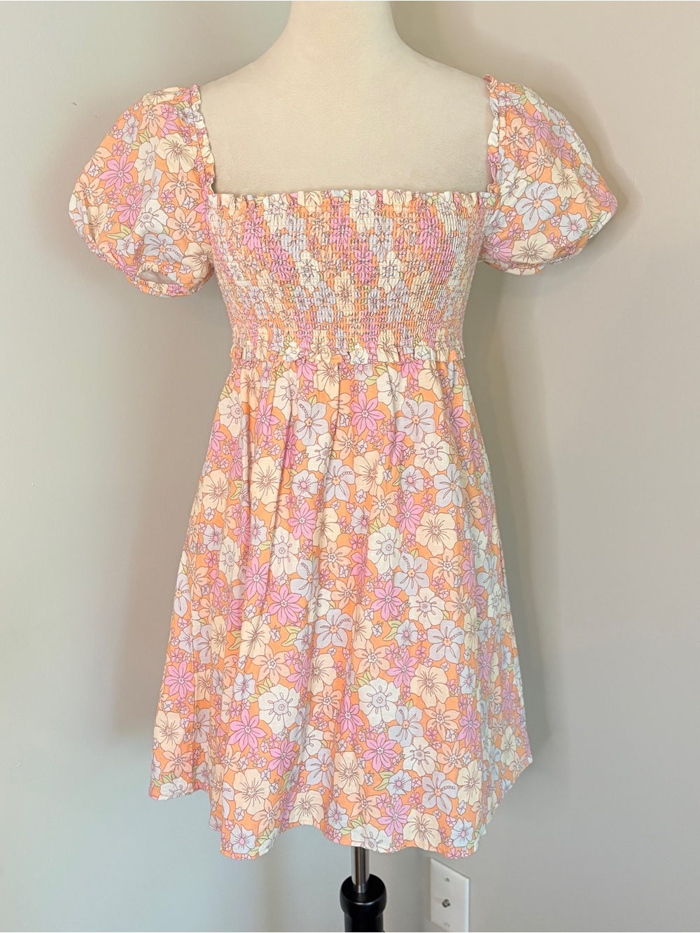 Sunday Best & Aritzia Floral Mini Babydoll Puff Sleeve Dress Peach Pink Sz Small